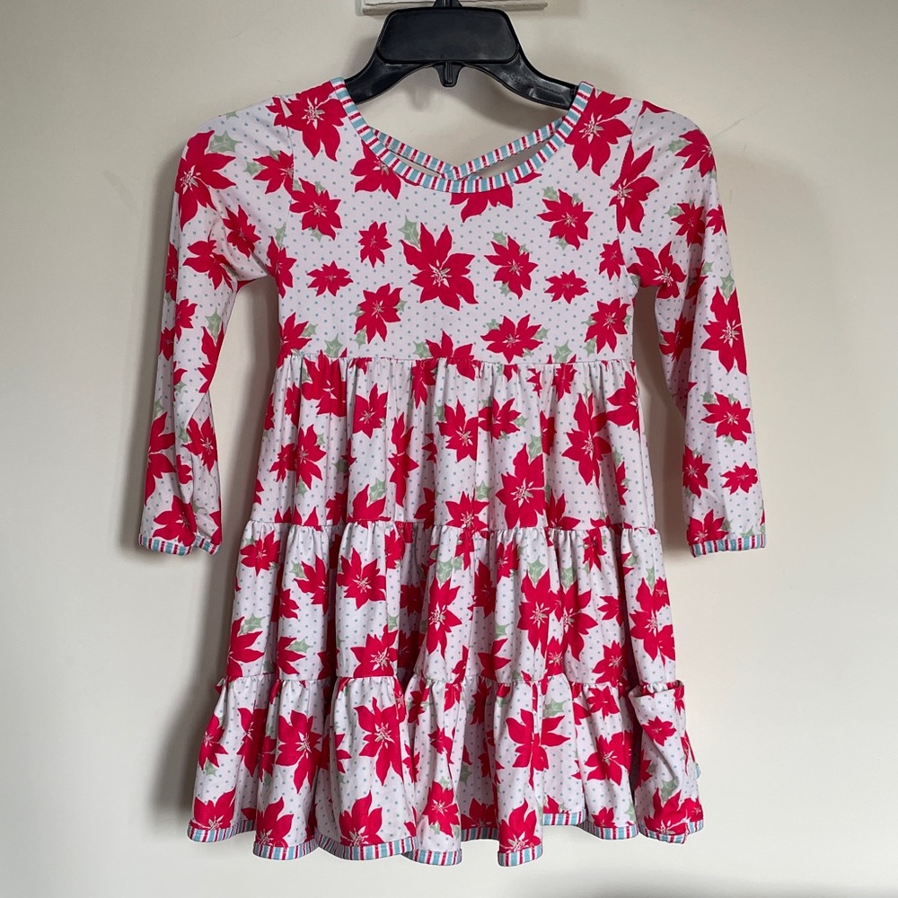 Sweet Caroline Christmas Poinsettia Twirl Dress Girls 5/6 Tiered Holiday Boutiqu